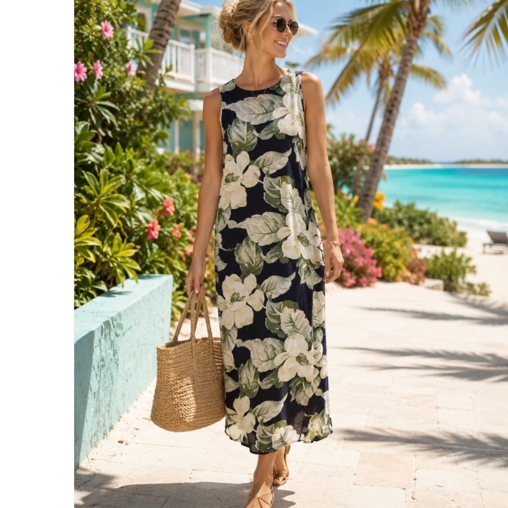 Tommy Bahama‎ Womens 4 Silk Floral Maxi Dress black Tropical V-Back Sleeveless